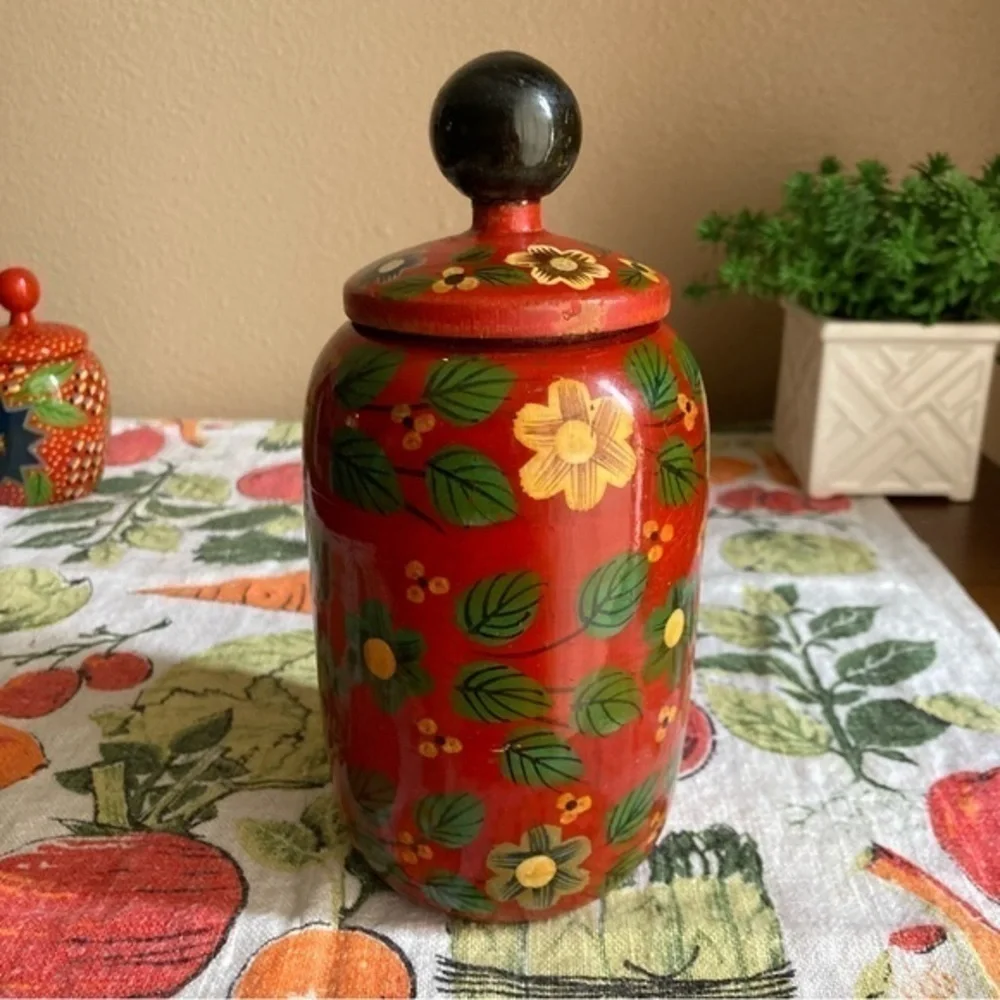 Retro Pier 1 Exports red painted decorative wooden jars with lids